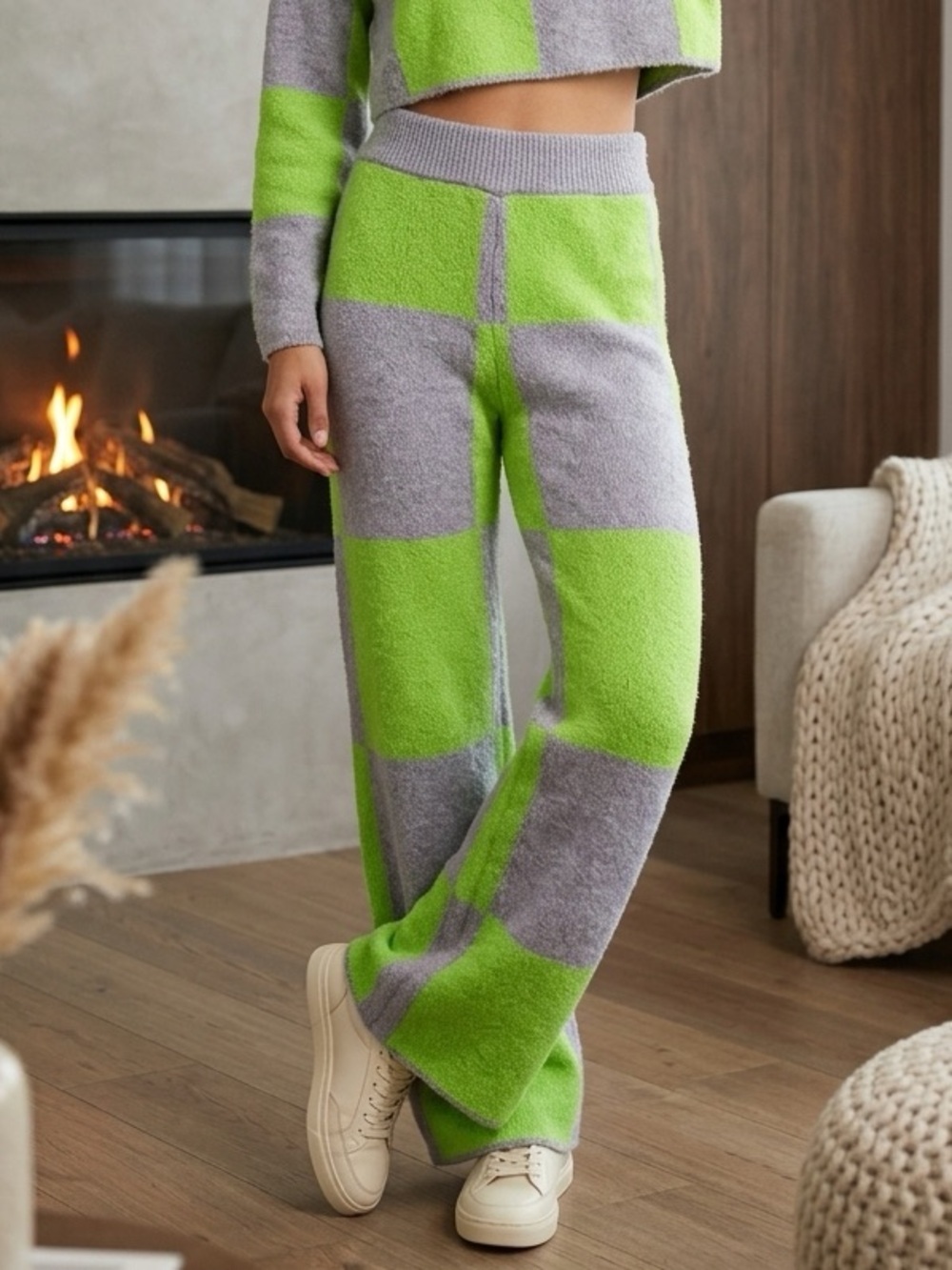 NWT Nocturne Women’s Wide Leg High Waisted Green Purple Checkered Pants- Size XS